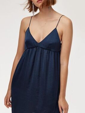 NWOT Little Moon Navy Blue Satin Mini Slip Dress Sz S